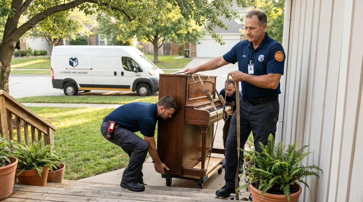 Licensed piano movers securing grand piano in Webster City, IA