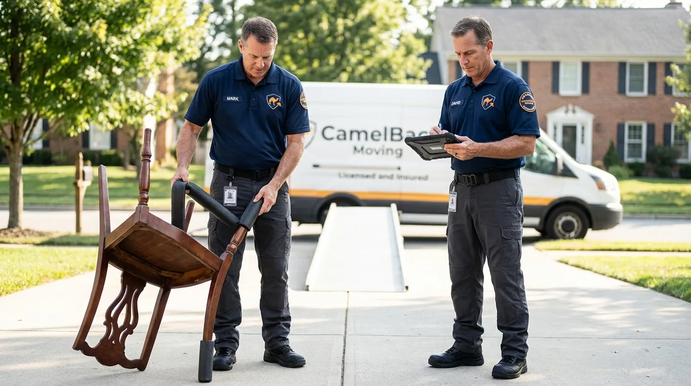 Movers inspecting furniture for damage prevention before loading in Webster City, IA