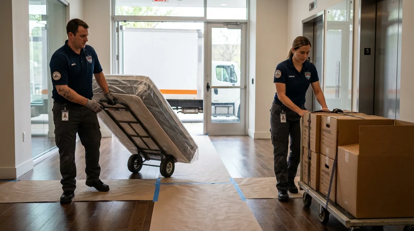 Professional apartment movers loading elevator in Webster City, IA