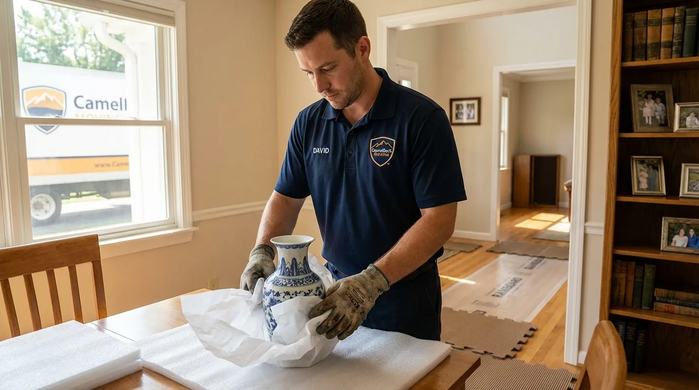 Professional crew carefully wrapping antique vase for senior downsizing move in Webster City, IA